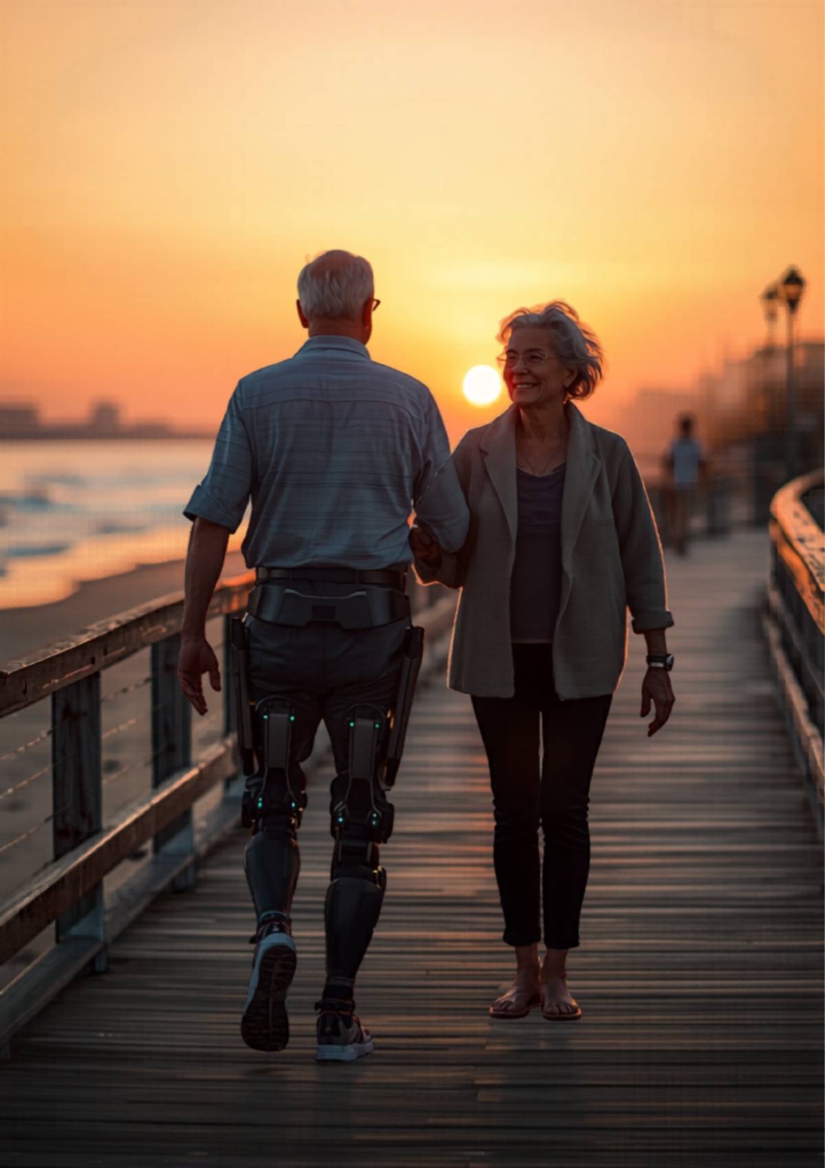 Couple walking together on boardwalk at sunset, man wearing XOWALKER