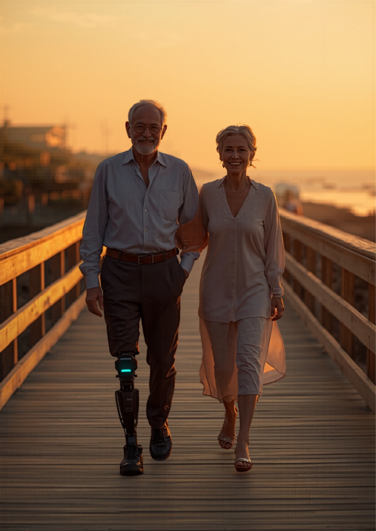 Couple walking together at golden hour, XOWALKER visible