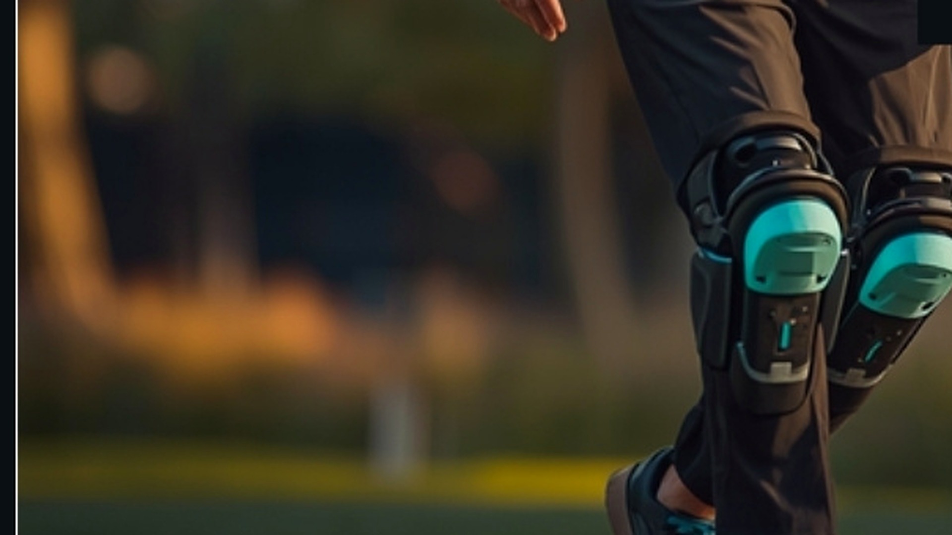 Close-up of XOWALKER exoskeleton knees during park walk at golden hour
