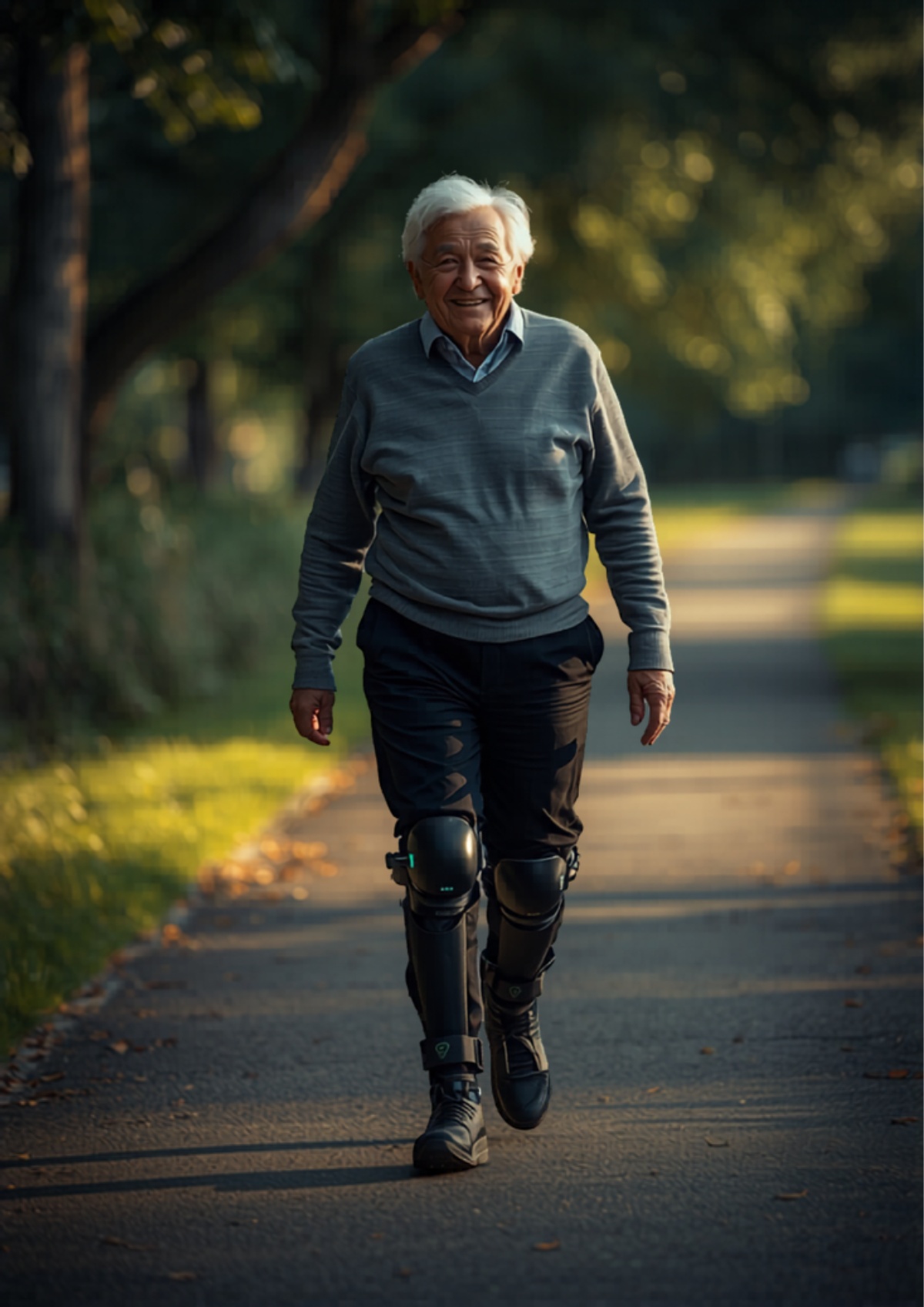 Man walking confidently through park with XOWALKER exoskeleton